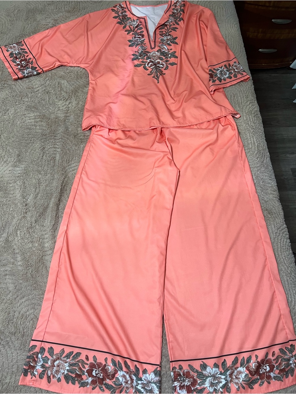 Girls' Coral Embroidered Floral Pajama Set